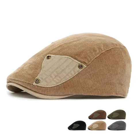 Vintage Corduroy Flat Cap Ivy Newsboy Hat Cotton Adjustable Warm Winter Patchwork Rivet Retro Accessory For Men Women