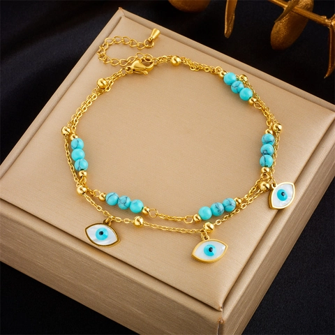 Bohemian Layered Stainless Steel Anklet With Turquoise Beads Star Evil Eye Charms Adjustable Foot Jewelry For Women