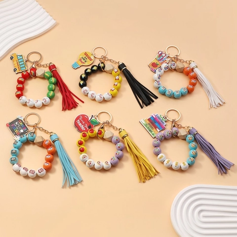 Leraar Waardering Geschenk Kralen Sleutelhanger Armband Acryl Houten Kralen Armband Met Kwastje Schoolbus Appel Hanger Sieraden