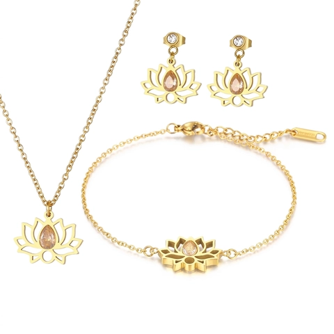 Gioielli Fiore Di Loto Collana Orecchini Bracciale Acciaio Inossidabile Zircone Cavo Pendente Goccia D'acqua Minimalista Moda Donna