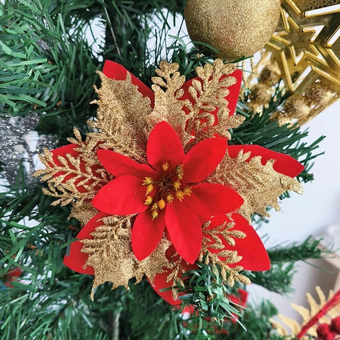 Glittery Artificial Christmas Poinsettia Flowers For Tree And Wreath Decor Festive Fabric Plastic Shimmering Ornament