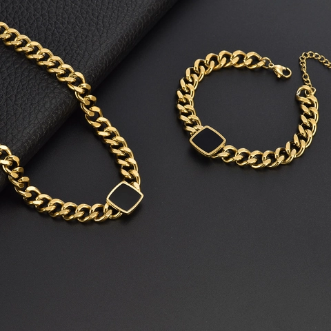 Stainless Steel Cuban Link Chain Necklace And Bracelet With Square Black Enamel Hip Hop Chunky Fashion Jewelry For Women