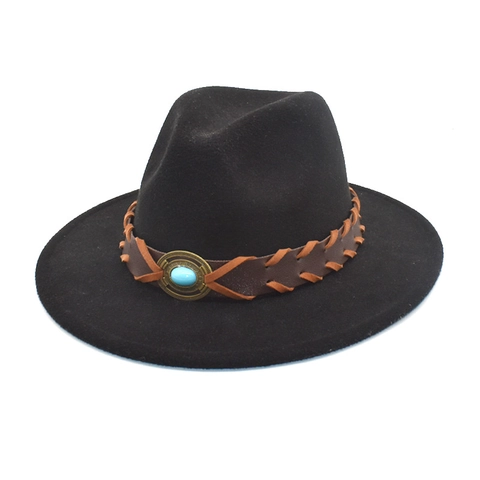 Fedora Hat Woolen Felt Wide Brim Western Ethnic Style With Leather Band Turquoise Decoration For Women Men