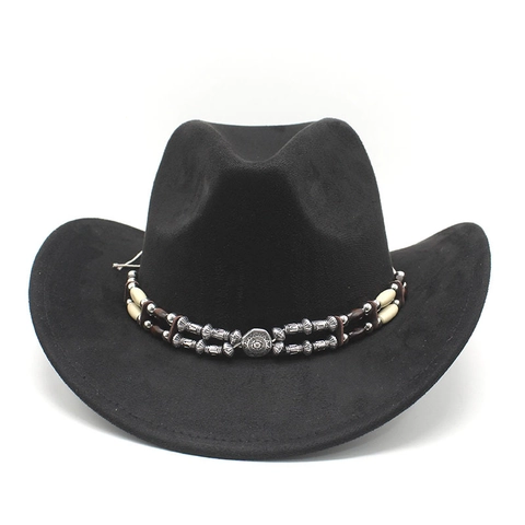 Western Cowboyhut Wildlederfilz Breite Krempe Ethnisches Perlenband Vintage Retro Jazz Fedora