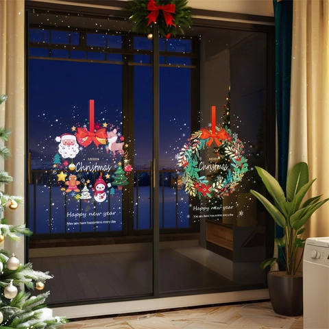 Christmas Window Clings Static PVC Stickers Reindeer Snowman Wreath Double Sided Holiday Glass Decals Home Shop Decor