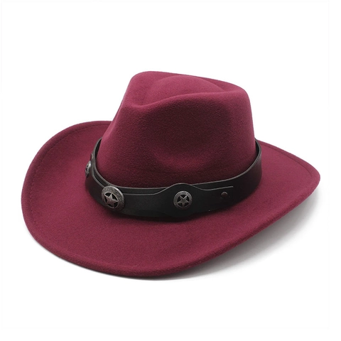Western Cowboy Hat Felt Fabric With Leather Band And Silver Star Metal Conchos Retro Wide Brim Fedora Style Unisex