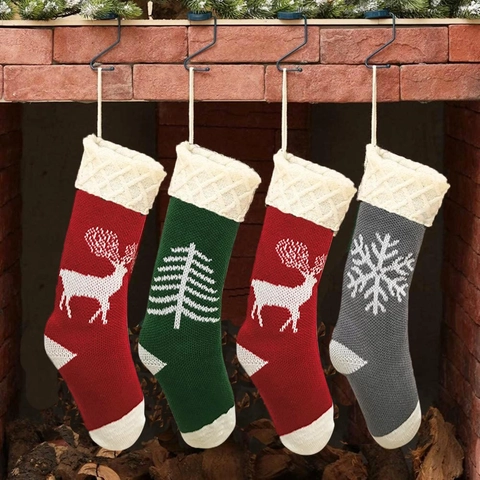 Christmas Stockings Knit Acrylic Reindeer Snowflake Tree Patterns Large Hanging Socks For Fireplace Holiday Decor