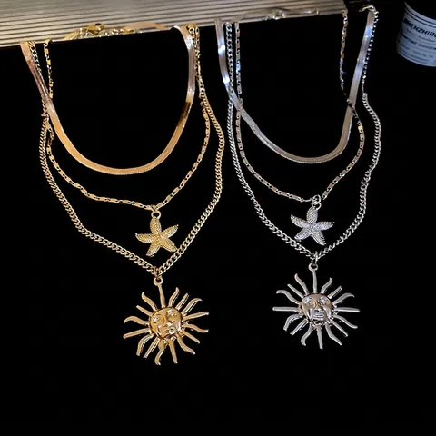 Collier Multirang Alliage Pendentifs Soleil Visage Étoile De Mer Style Bohème Rétro Bijoux Pour Femmes Élégant Chic