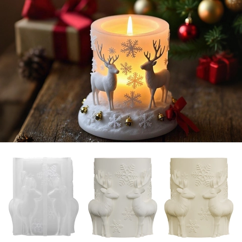 Christmas Reindeer Snowflake Relief Silicone Candle Mold Cylindrical DIY Handmade Aromatherapy Plaster Craft Ornament Tool