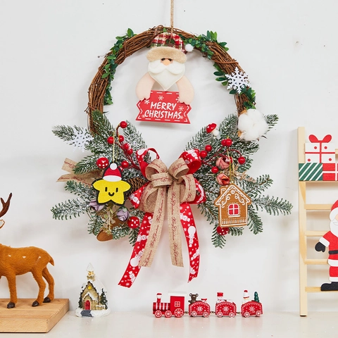 Christmas Wreath Wall Hanging Santa Claus Rattan Pine Needle Berry Fabric Decor For Home Window Door