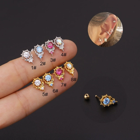 Vintage Filigree Cartilage Piercing Stud Earrings Stainless Steel Rod Copper Cubic Zirconia Screw Ball Back For Women