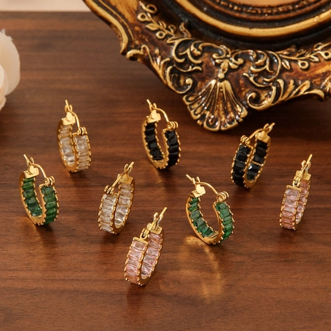 Boucles d'Oreilles Créoles Rondes en Acier Inoxydable Plaqué Or 18K pour Femmes Rétro Double Face Incrustées de Strass
