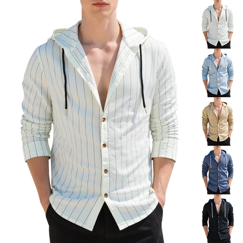 Men Casual Shirt Linen Blend Vertical Stripes Hooded Long Sleeve Relaxed Beach Holiday Fashion Button Down