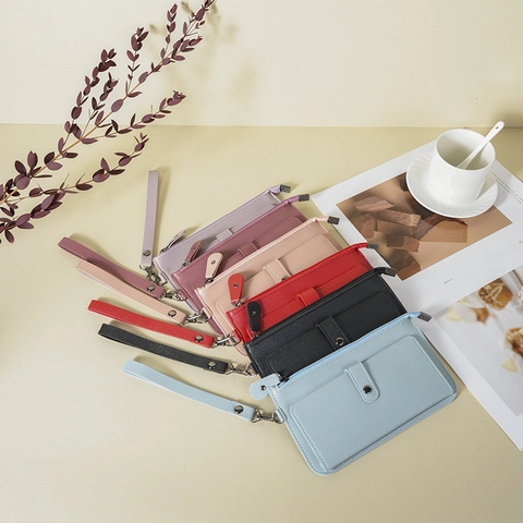Women Minimalist PU Leather Long Wallet Multi Card Slots Multi Functional Zipper Clutch Bag With Wrist Strap Handbag
