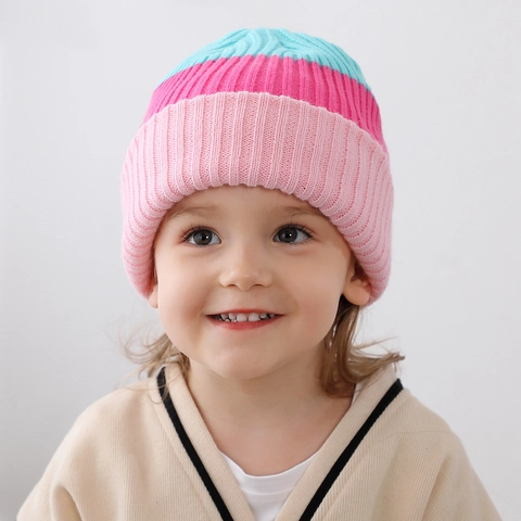 Children Winter Knitted Acrylic Beanie Hat For Boys And Girls Warm Striped Color Block Ribbed Knit Daily Outdoor Accessory