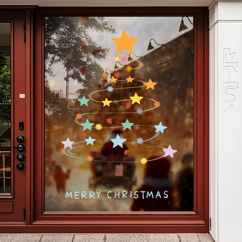 Christmas Tree Window Clings Static PVC Sticker Colorful Star Double Sided Glass Door Decal Holiday Shop Decor