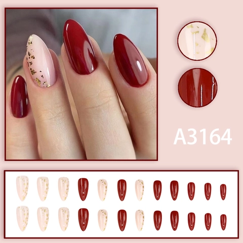Uñas Postizas De Presión Forma Almendra Brillante Rojo Oscuro Y Rosa Con Pan De Oro Puntas De Uñas Artificiales Para Mujeres