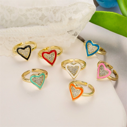 Anillo De Moda En Forma De Corazón De Cobre Con Micro Pavé De Circonia Esmalte Colorido Anillo Abierto Ajustable Para Mujer