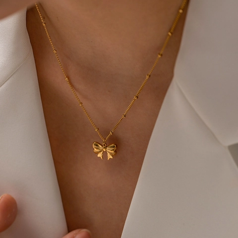 Bowknot Pendant Necklace Stainless Steel Beaded Chain Gold Plated Elegant Minimalist Jewelry For Women