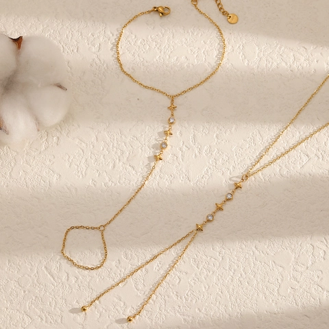 Roestvrijstalen Ster Y Ketting En Zirkoon Vinger Slaaf Armband Sieraden Voor Vrouwen Elegante Lange Kwast Ins Stijl