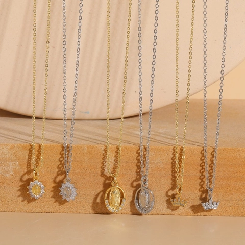 Collana Con Pendente Vergine Maria Corona Rame Zircone Micro Pavé Gioielli Religiosi Di Moda Per Donna Fascino Elegante