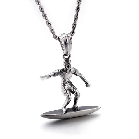 Surfer Pendant Stainless Steel Vintage Sporty Surfboard Figure Jewelry Punk Style Sports Themed Accessory For Men