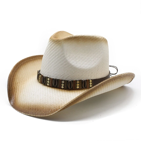 Western Cowboy Straw Hat Wide Brim Paper Braid Gradient Ethnic Leather Belt Shell Decor Sun Protection For Men Women