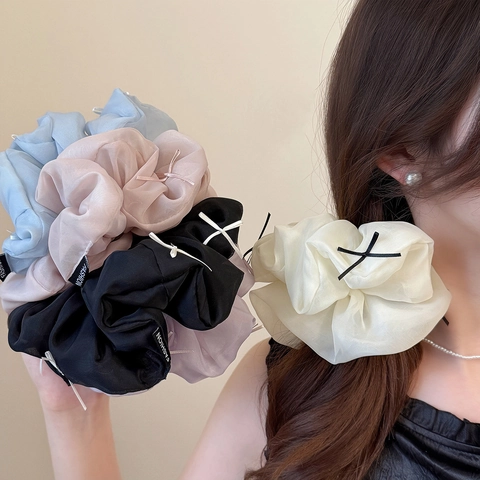 Scrunchie In Organza Oversize Con Fiocco Dolce Mesh Pieghettato Elastico Per Capelli Donna