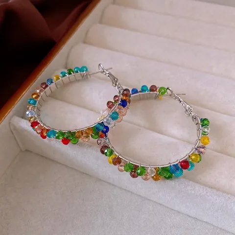Kleurrijke Glazen Kralen Creolen Met Zilveren Oorsteker Boheemse Stijl Grote Ronde Cirkel Oorbellen Voor Dames Mode