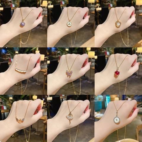 Titanium Steel Pendant Necklace For Women Dainty Butterfly Heart Zircon Artificial Pearl Jewelry Elegant Fashion Accessories Gift