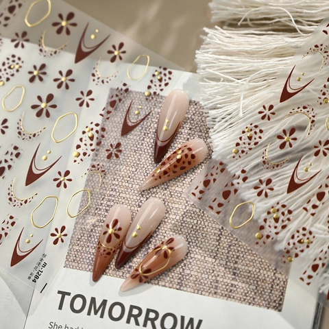Retro Brown Gold Floral Nail Art Stickers Leopard Spot Geometric Line Manicure Decals Self Adhesive DIY Decoration