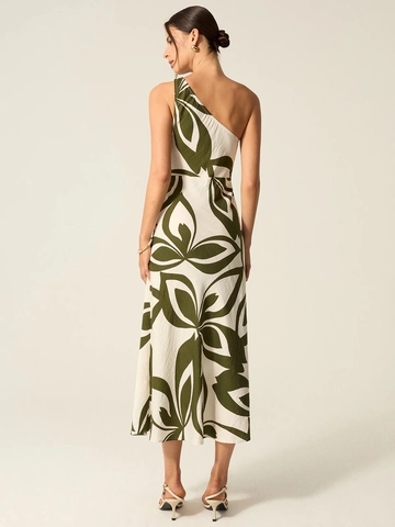 Maxi-Jurk Met Eén Schouder Groene Bladprint Polyester Elegant Vakantiestijl Mouwloos Voor Dames