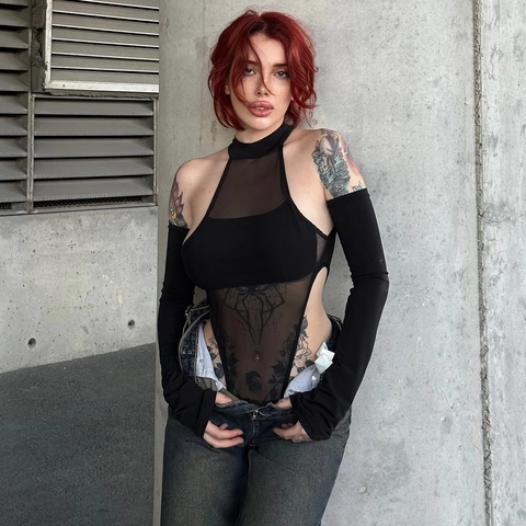 Body In Rete Con Maniche Indipendenti Collo Halter Nero Trasparente Alta Elasticità Sexy Gotico Streetwear Per Donne