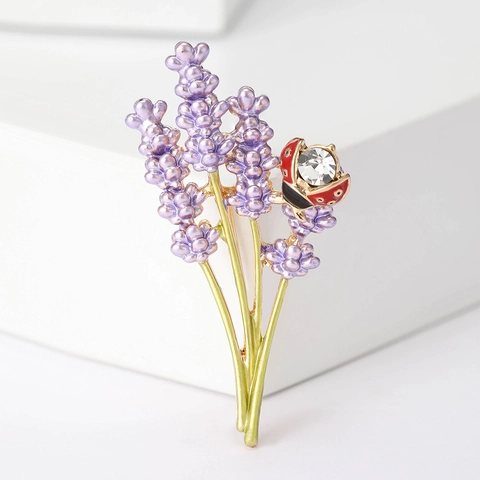 Broche De Lavanda Y Mariquita Esmalte Strass Aleación Pin Floral Para Mujer Decoración De Traje Abrigo Elegante