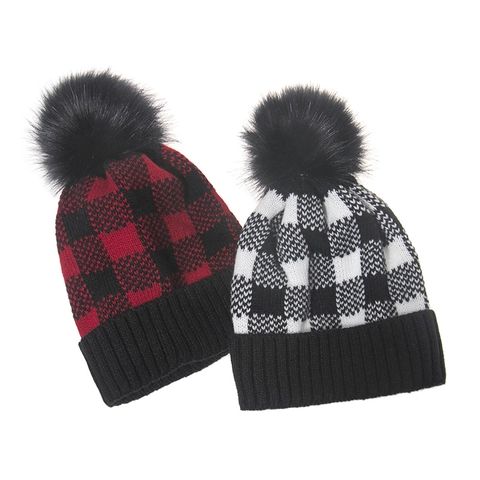 Cappello Di Maglia Caldo Invernale Per Bambini Acrilico Buffalo Plaid Scacchiera Con Pompon Polsino A Costine Per Ragazzi Ragazze