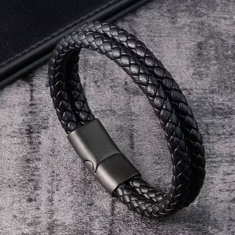 Men's Braided Leather Bracelet With Stainless Steel Buckle Minimalist Geometric Multilayer Wristband Fashion Jewelry Gift