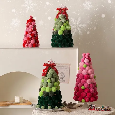 Adorno De Escritorio Árbol De Navidad De Pompones Hecho A Mano Decoración Festiva De Peluche Suave Con Luces Led