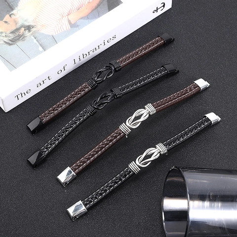 Pulsera De Cuero Trenzado Para Hombre Con Nudo De Aleación Cierre Magnético Brazalete De Moda