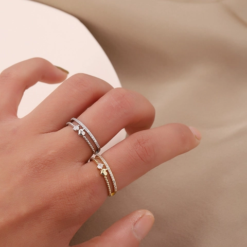 Kupfer Herz Offener Ring Doppelschichtig Verstellbar Strass Fingerring Für Damen Simple Mode Koreanischer Schmuck Geschenk