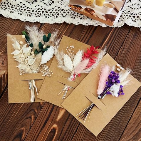 Handmade Kraft Paper Greeting Card With Natural Dried Flower Bouquet Retro Thank You Card For Teachers Day Birthday Wedding