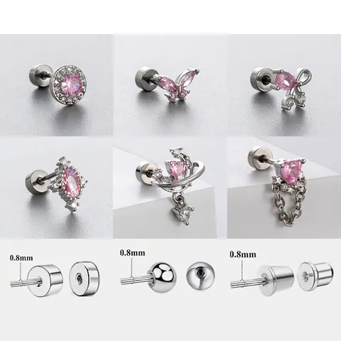Pink Zircon Helix Cartilage Earrings Titanium Steel Copper Screw Back Heart Butterfly Studs Jewelry For Women