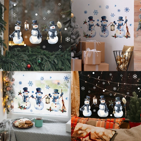Christmas Snowman Wall Window Stickers Blue Snowflake Watercolor PVC Removable Decals For Home Festive Winter Decor