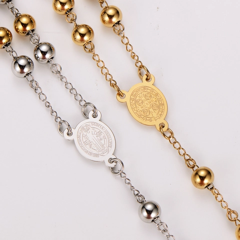 Collar De Rosario Católico Acero Inoxidable 304 Cuentas Redondas Colgante De Cruz Medalla San Benito Joyería Religiosa Hombre Mujer