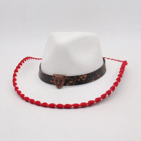 Western Cowboy Hat Cotton Polyester Felt Wide Brim Leopard Head Buckle Whipstitch Edge Retro Fedora Ethnic Style