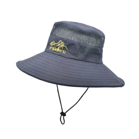 Outdoor Wide Brim Sun Hat Breathable Mesh Ventilation Polyester Men Hiking Fishing Boonie Hat Adjustable Chin Strap