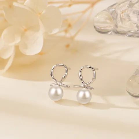 925 Sterling Silver Artificial Pearl Stud Earrings For Women Elegant Cross Line Twisted Design Ear Jewelry Platinum Gold Plated Small Dainty Earrings