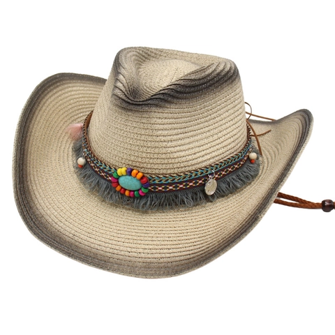 Western Cowboy Straw Hat Woven Wide Brim With Turquoise Beads Tassels And Adjustable Wind Rope Bohemian Style