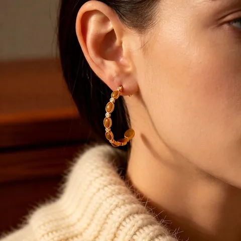 Orecchini A Cerchio A C Vintage Rame Placcato Oro 18K Con Pietre In Resina Marrone Zircone E Perno In Argento Per Donna