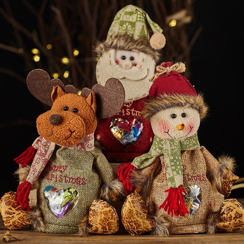 Christmas Candy Gift Bags Burlap Plush Santa Snowman Reindeer Heart Shaped Transparent Window Holiday Decoration
