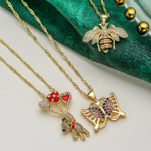 Tier Anhänger Halskette Kupfer Vergoldet Mit Zirkonia Bär Schmetterling Biene Mode Schmuck Für Frauen